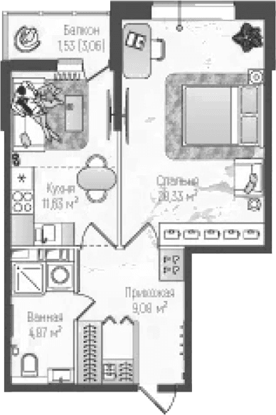 Планировка: Евродвушка 45,9 м² в ЖК «Рига Хиллс»