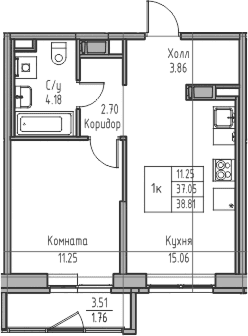 Планировка: Евродвушка 37,1 м² в ЖК «Юнтолово»