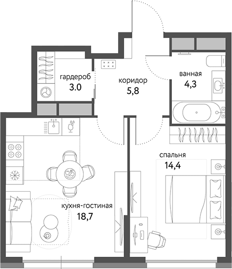 Планировка: Евродвушка 46,2 м² в ЖК «Сиреневый парк»