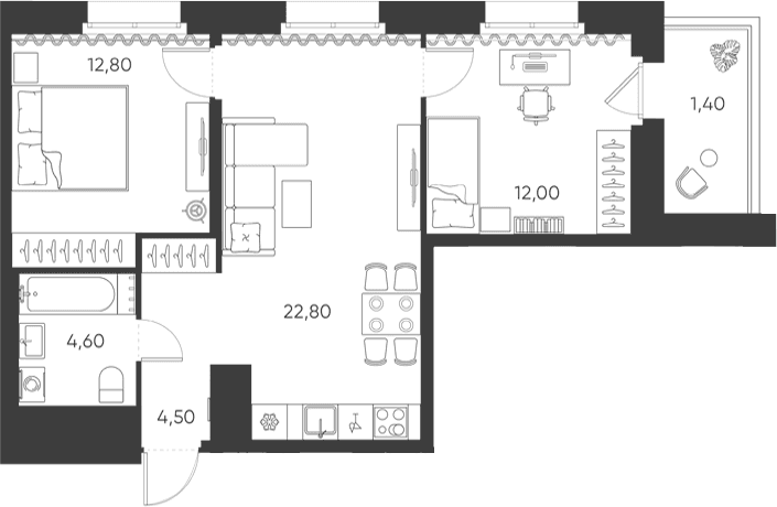 Планировка: Евротрёшка 56,7 м² в ЖК «Моисеенко, 10»