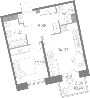 Планировка: Евродвушка 40,4 м² в ЖК «Бульвар Грина»