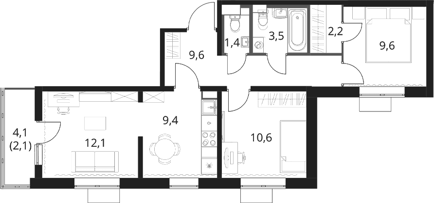 Планировка: Евротрёшка 58,4 м² в ЖК «1-й Шереметьевский»