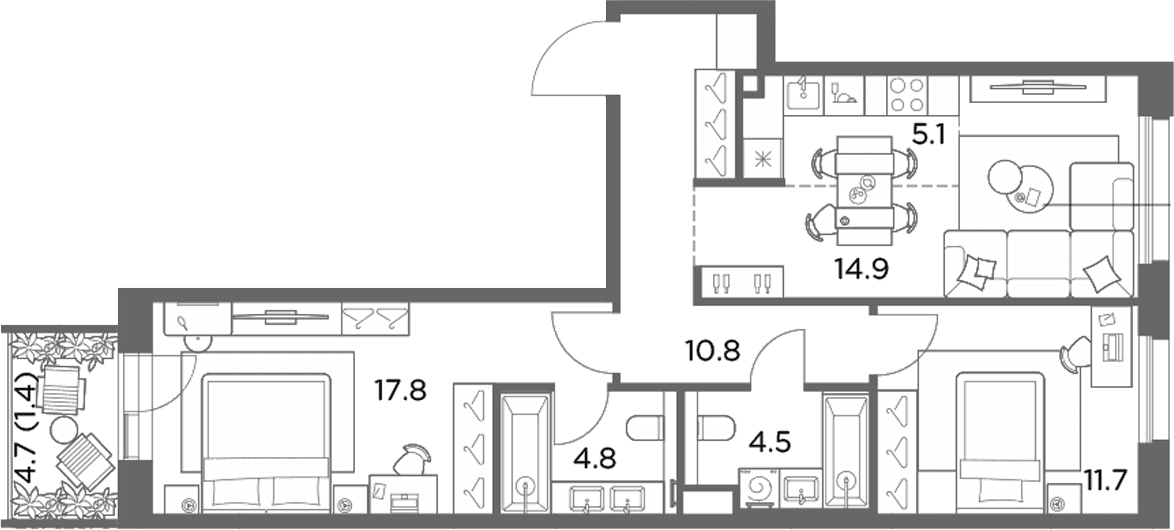 Планировка: Евротрёшка 69,6 м² в ЖК «Станиславский»