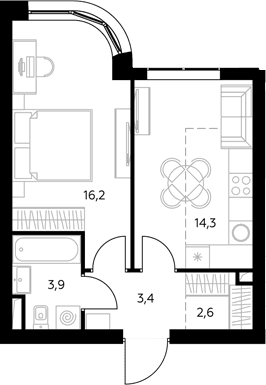 Планировка: 1-комнатная квартира 41 м² в ЖК «Адмирал»