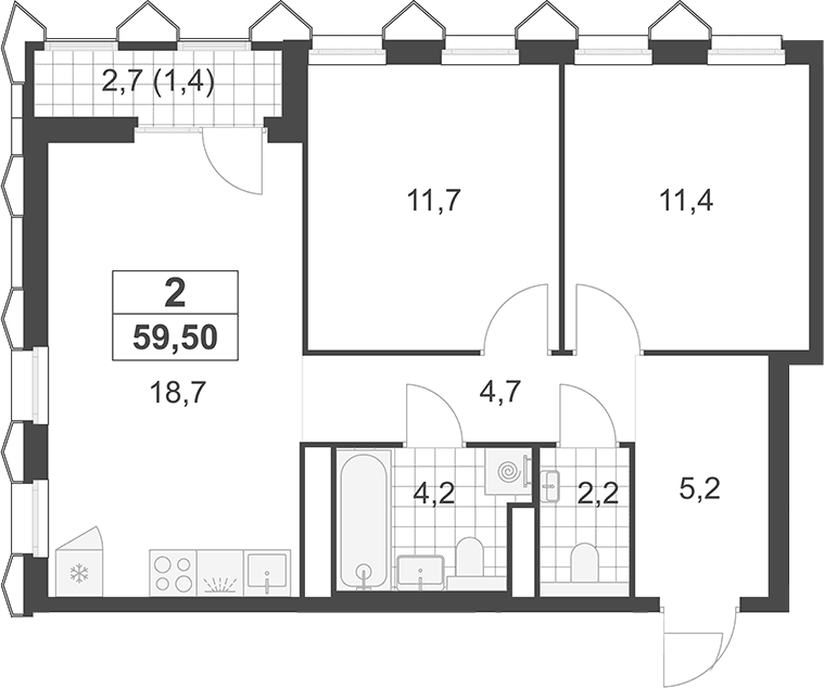 Планировка: Евротрёшка 58,1 м² в ЖК «Деснаречье»