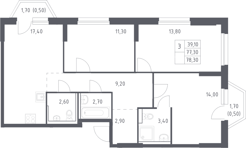 Планировка: Квартира евро-4 77,3 м² в ЖК «Химки Парк»