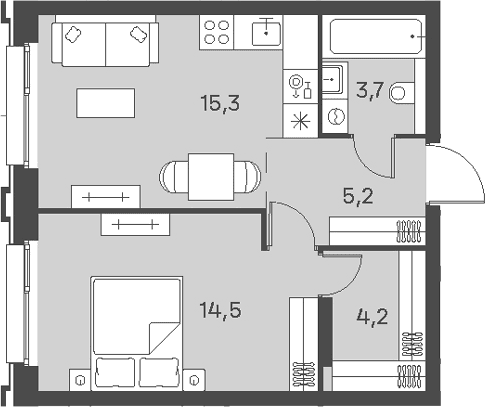 Планировка: Евродвушка 42,9 м² в ЖК «Портленд»