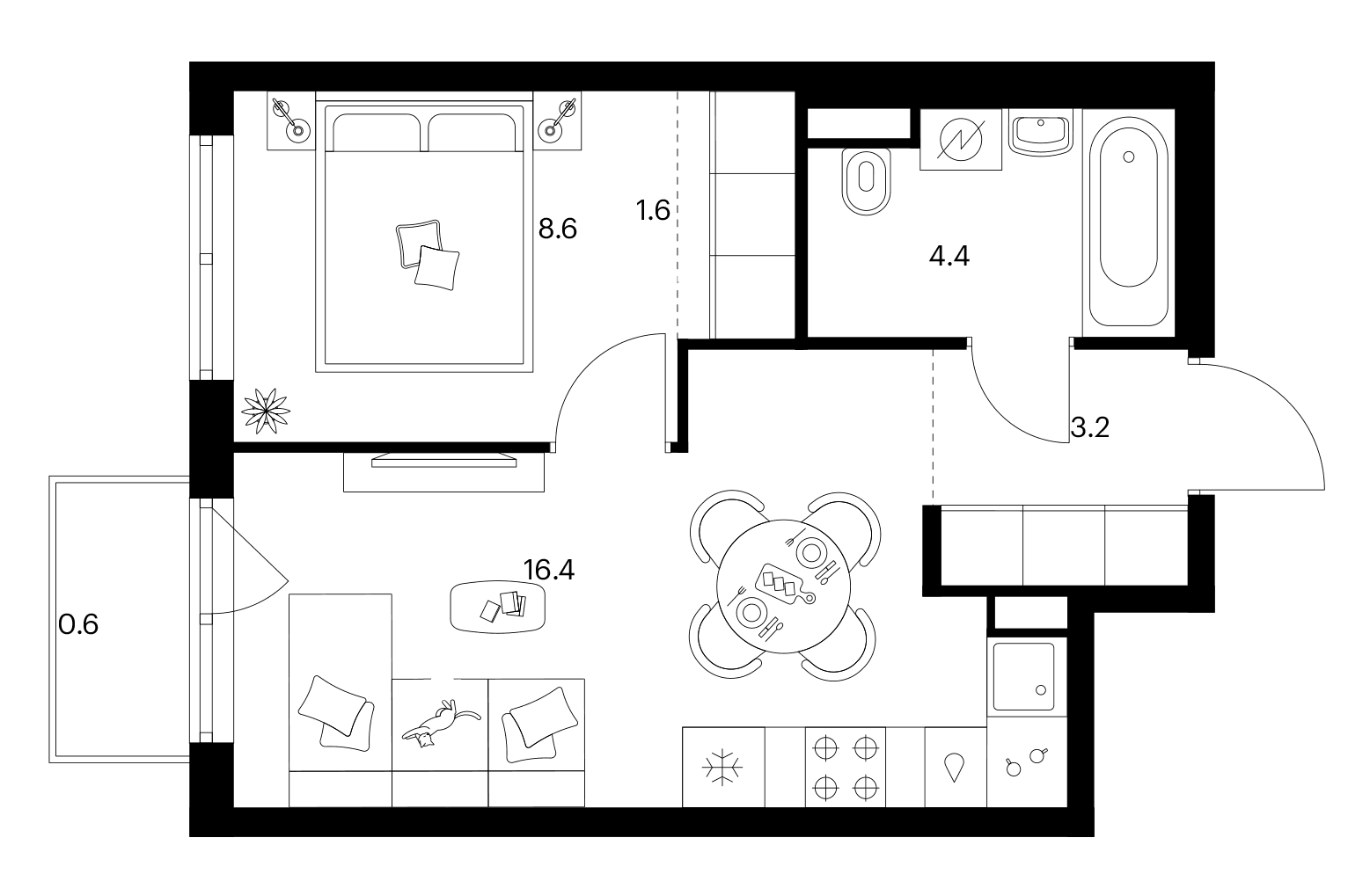 Планировка: 1-комнатная квартира 34,2 м² в ЖК «Москворечье»