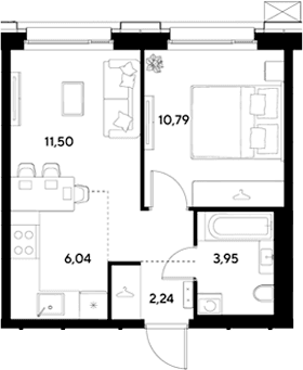 Планировка: Евродвушка 34,5 м² в ЖК «ЭВО»