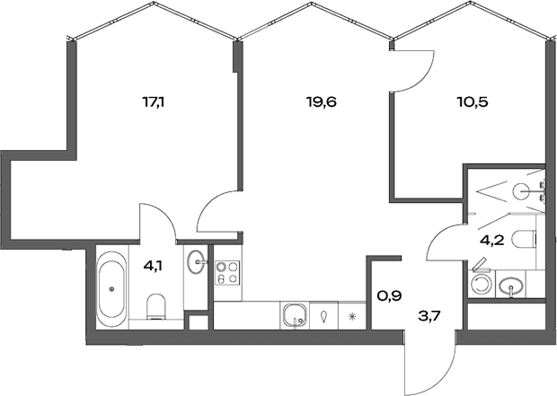 Планировка: Евротрёшка 60,1 м² в ЖК «Акценты»