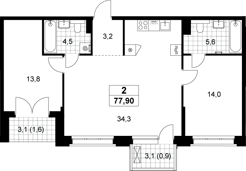 Планировка: Евротрёшка 75,4 м² в ЖК «Хольм»