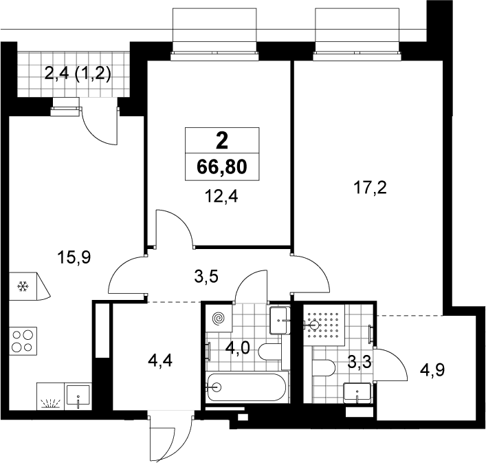 Планировка: 2-комнатная квартира 65,6 м² в ЖК «Деснаречье»