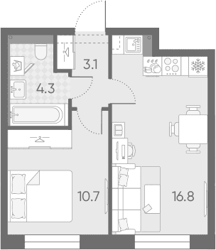 Планировка: Евродвушка 34,9 м² в ЖК «Большая Охта»