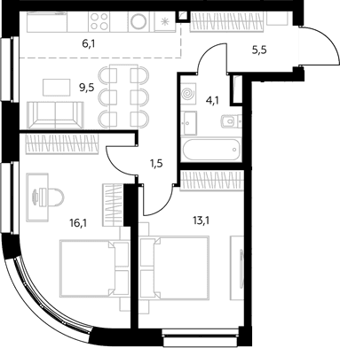 Планировка: Евротрёшка 56 м² в ЖК «Адмирал»
