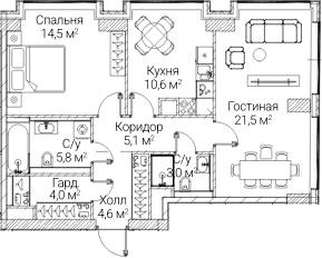 Планировка: 2-комнатная квартира 68,9 м² в ЖК «СЕЗАР БУДУЩЕЕ»