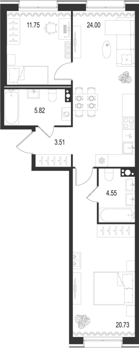 Планировка: Евротрёшка 70,4 м² в ЖК «Остров Первых»
