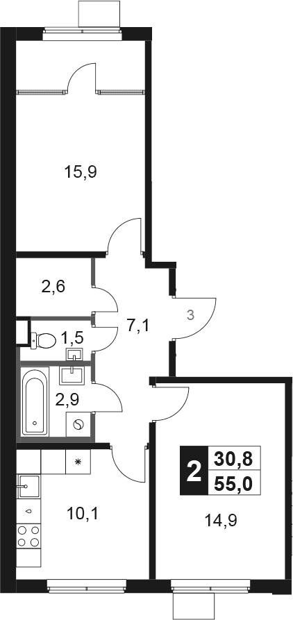 Планировка: 2-комнатная квартира 55 м² в ЖК «1-й Химкинский»