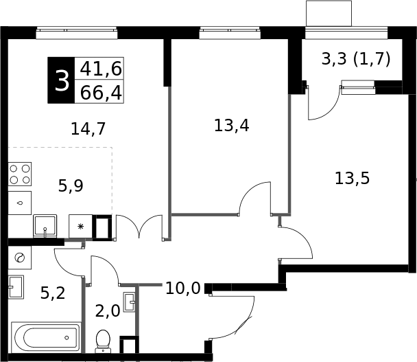 Планировка: Евротрёшка 64,7 м² в ЖК «1-й Измайловский»