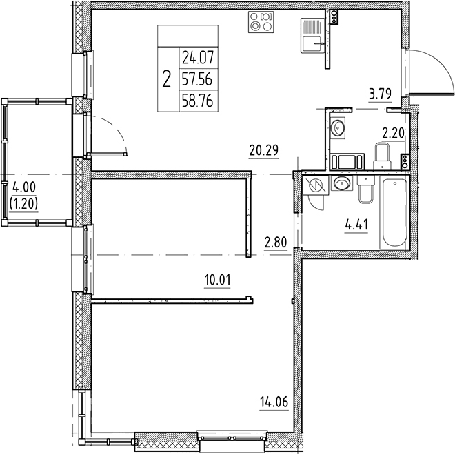 Планировка: Евротрёшка 57,6 м² в ЖК «Сезоны»