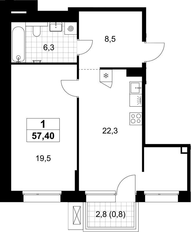 Планировка: Евродвушка 56,6 м² в ЖК «Хольм»