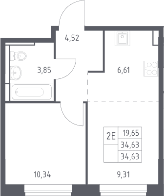 Планировка: Евродвушка 34,6 м² в ЖК «Богдановский лес»