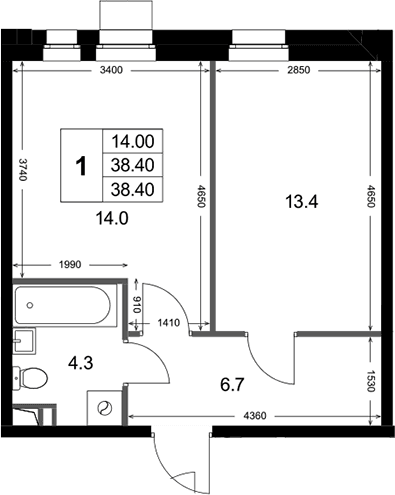 Планировка: 1-комнатная квартира 38,4 м² в ЖК «Кореневский Форт 2.3»