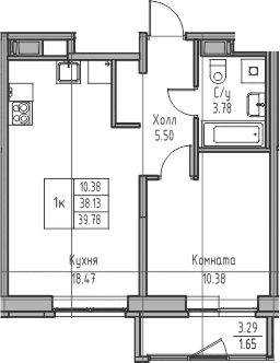 Планировка: Евродвушка 38,1 м² в ЖК «Юнтолово»