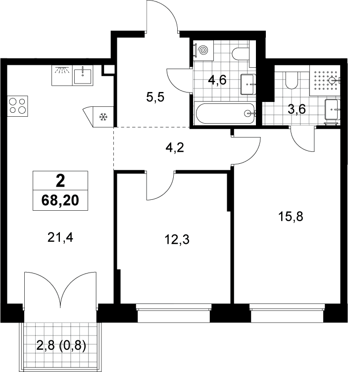 Планировка: Евротрёшка 67,4 м² в ЖК «Хольм»