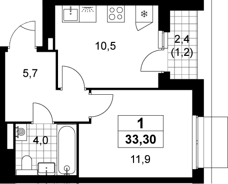 Планировка: 1-комнатная квартира 32,1 м² в ЖК «Деснаречье»