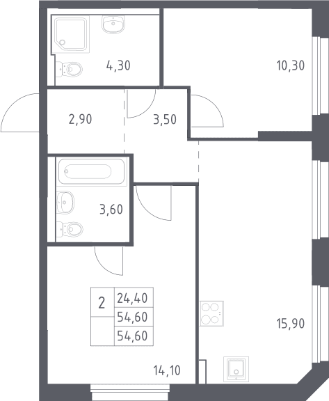 Планировка: Евротрёшка 54,6 м² в ЖК «Химки Парк»