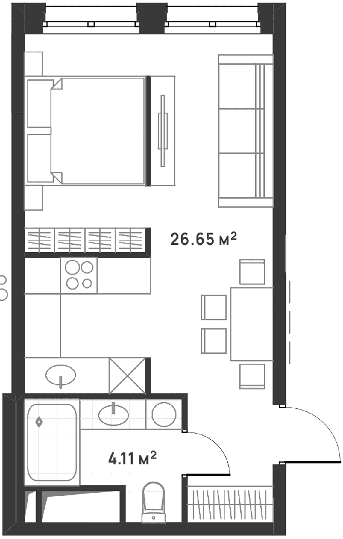 Планировка: Студия 30,8 м² в ЖК «Дюна»