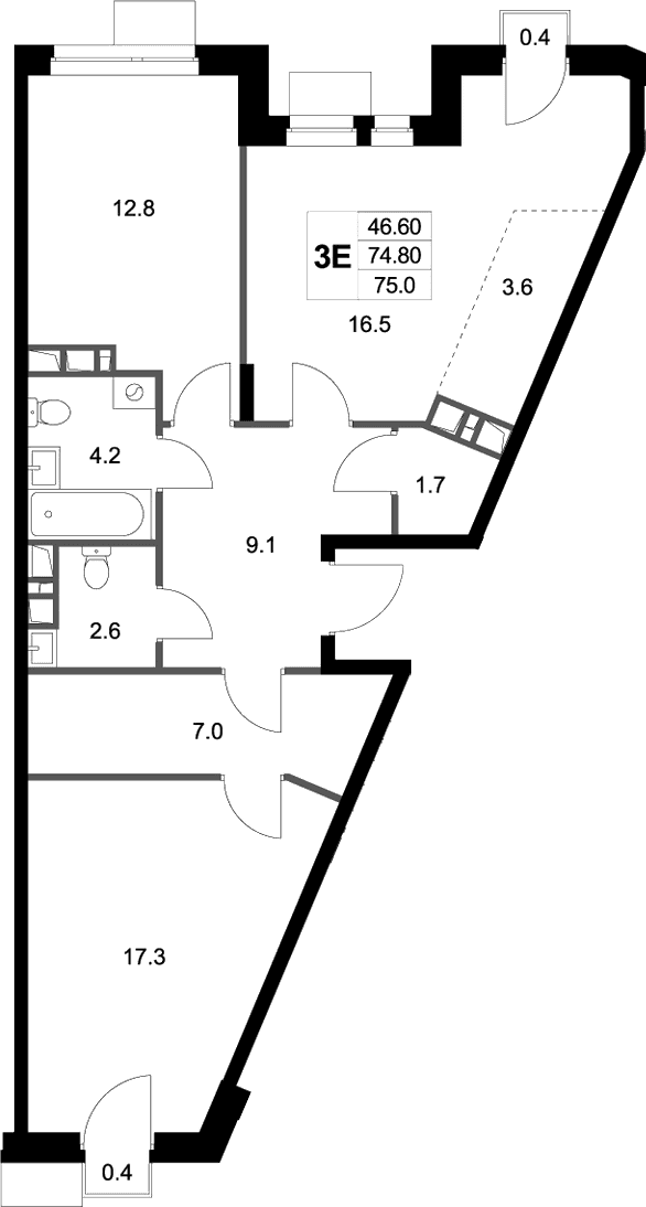 Планировка: Евротрёшка 74,8 м² в ЖК «Легенда Марусино»