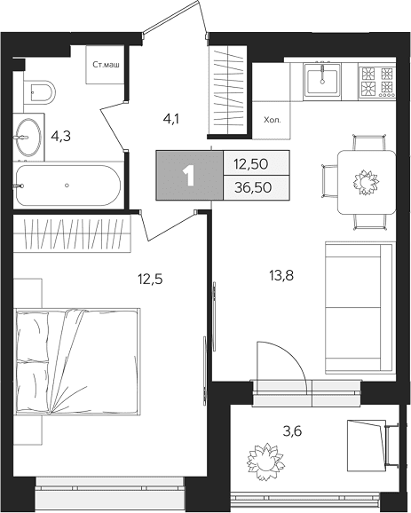 Планировка: 1-комнатная квартира 34,7 м² в ЖК «Ласточкино»