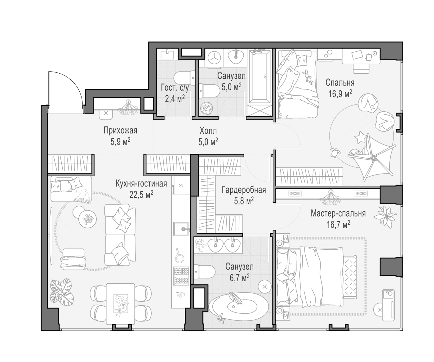 Планировка: Евротрёшка 87,5 м² в ЖК «Квартал Life Time»