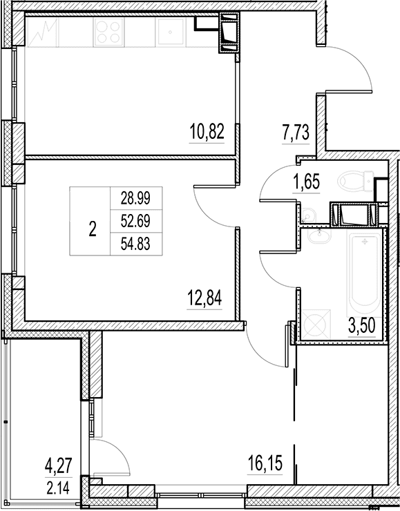 Планировка: 2-комнатная квартира 52,7 м² в ЖК «Город-спутник Южный»