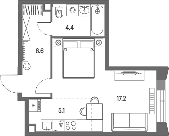 Планировка: Студия 33,3 м² в ЖК «КОД Сокольники»