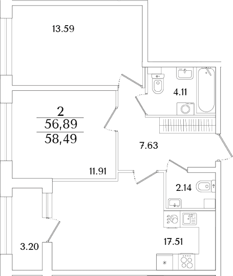 Планировка: 2-комнатная квартира 56,9 м² в ЖК «Аурум»