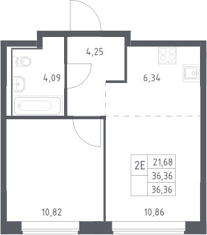 Планировка: Евродвушка 36,4 м² в ЖК «Прибрежный Парк»