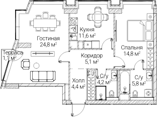 Планировка: 2-комнатная квартира 69,5 м² в ЖК «СЕЗАР БУДУЩЕЕ»