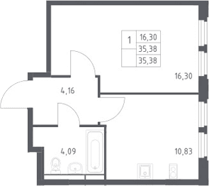 Планировка: 1-комнатная квартира 35,4 м² в ЖК «Космический Квартал»