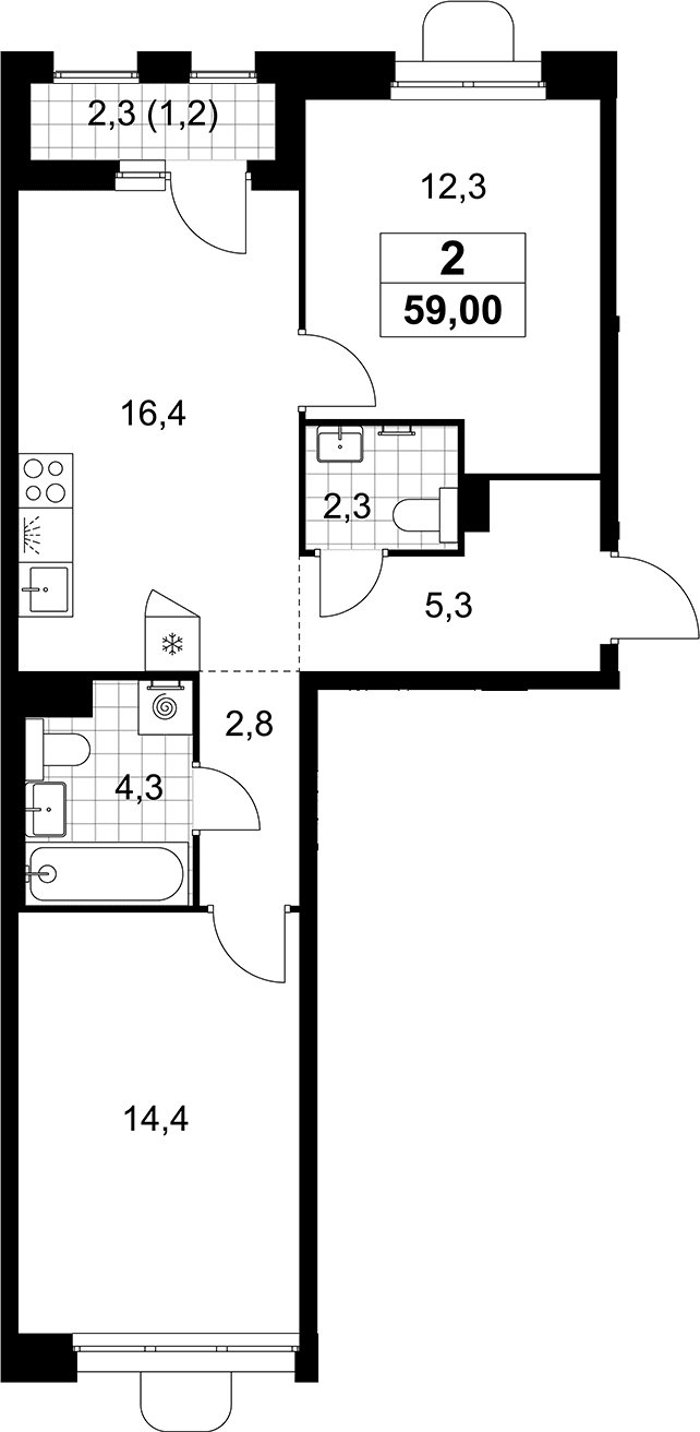 Планировка: Евротрёшка 57,8 м² в ЖК «Прокшино»