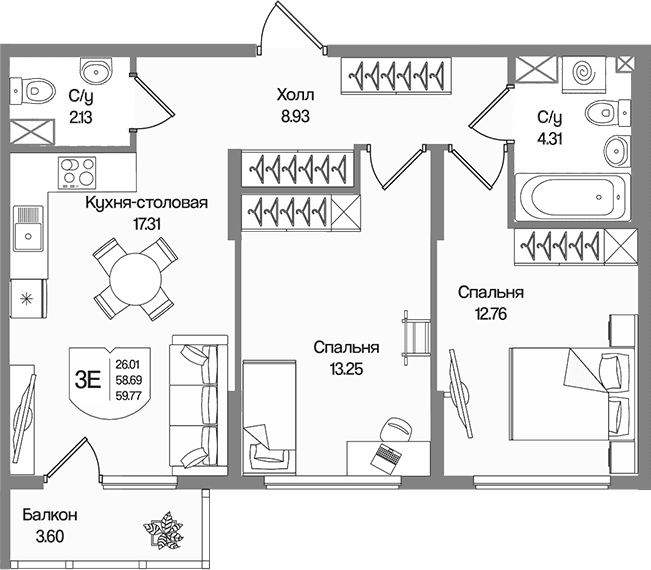 Планировка: Евротрёшка 58,7 м² в ЖК «Охтинские высоты»
