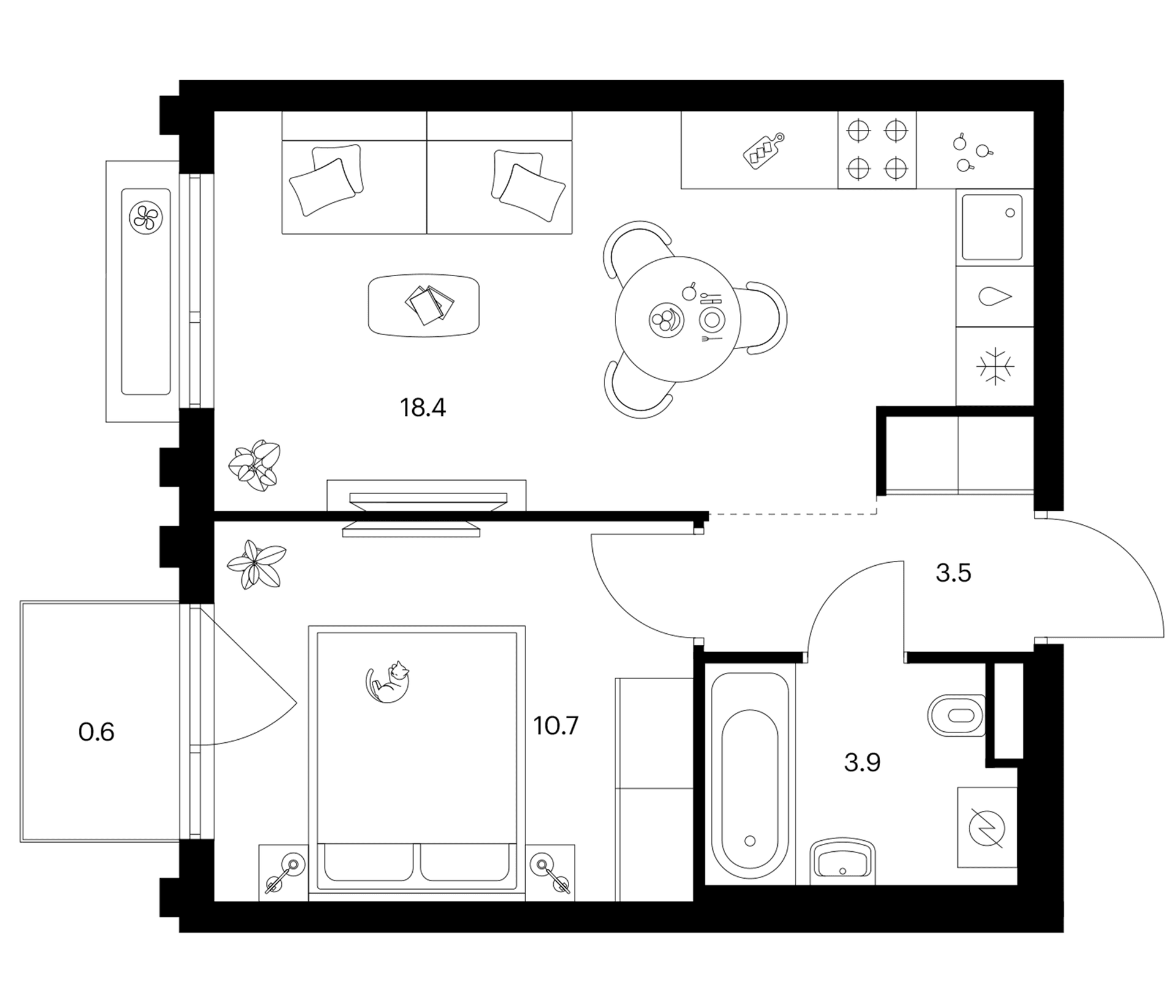 Планировка: 1-комнатная квартира 36,5 м² в ЖК «Белая Дача парк»