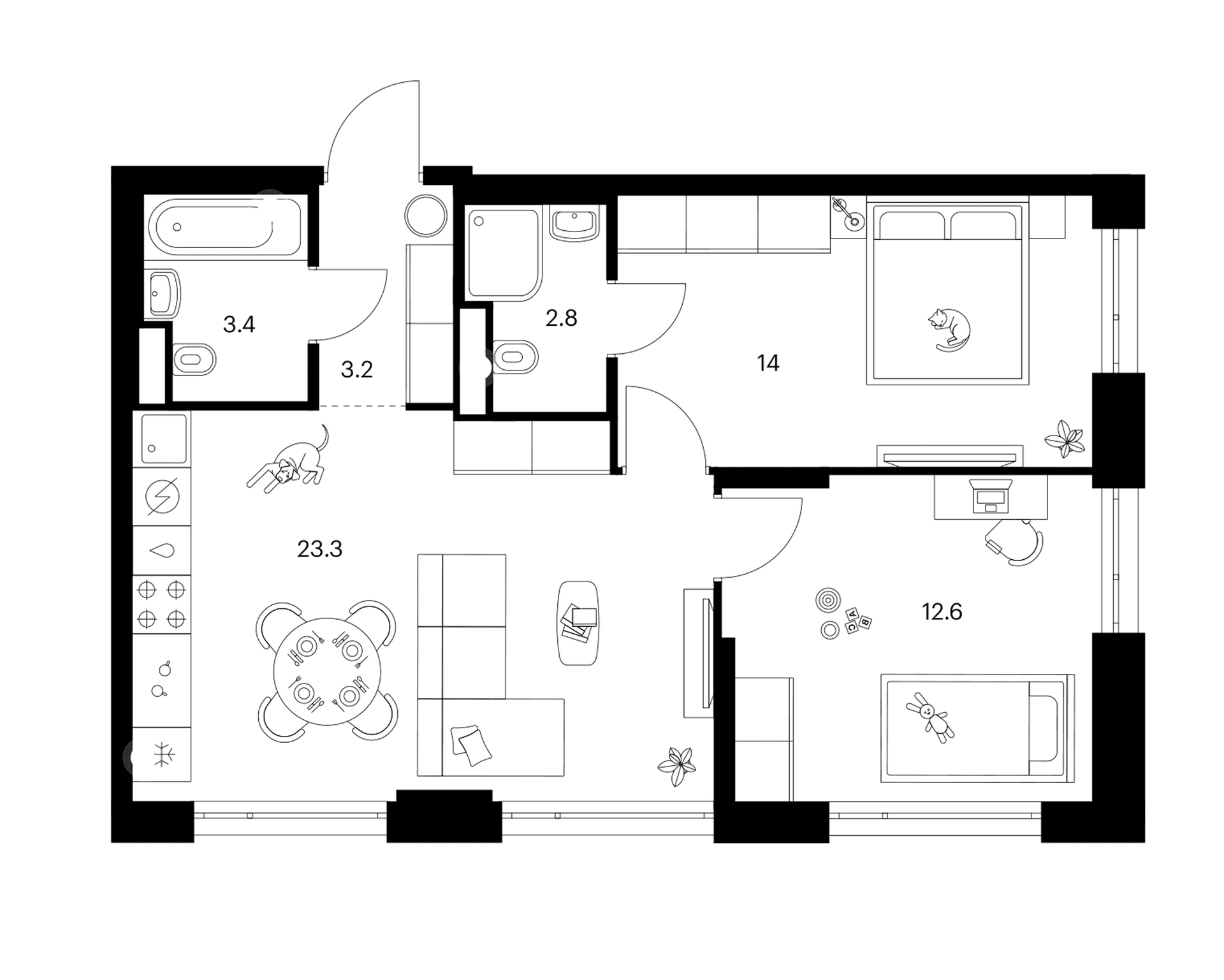 Планировка: 2-комнатная квартира 59,3 м² в ЖК «2-й Иртышский»