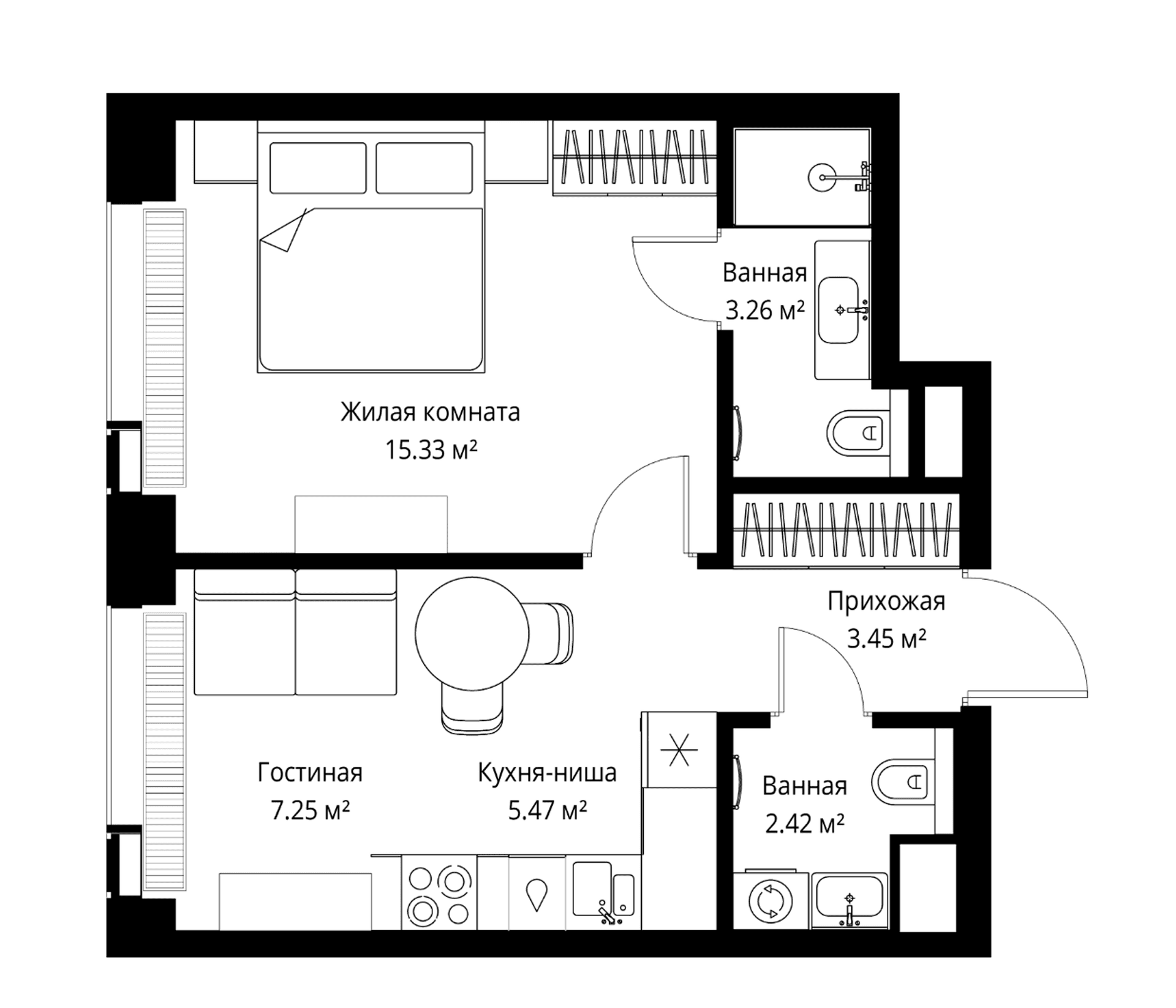 Планировка: Евродвушка 37,2 м² в ЖК «Веер»