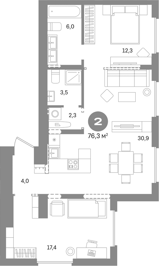 Планировка: 2-комнатная квартира 76,3 м² в ЖК «Первый квартал. Вторая очередь»