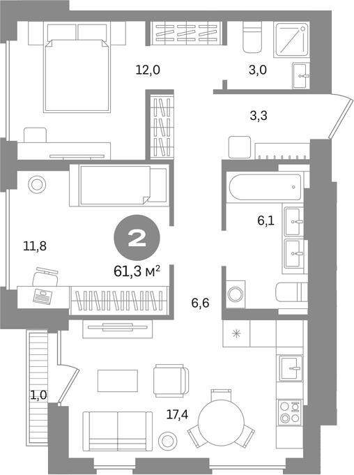 Планировка: 2-комнатная квартира 60,3 м² в ЖК «Первый квартал. Вторая очередь»