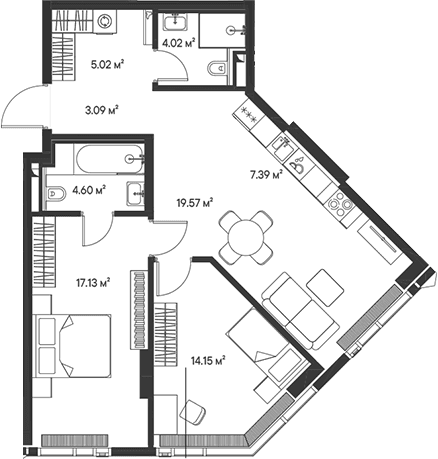 Планировка: Евротрёшка 75 м² в ЖК «Джойс»