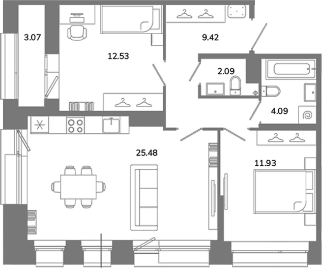 Планировка: Евротрёшка 65,5 м² в ЖК «Твой Космос»