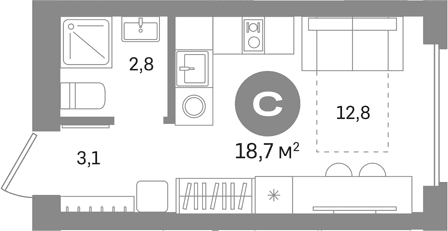 Планировка: Студия 18,7 м² в ЖК «Первый квартал. Вторая очередь»